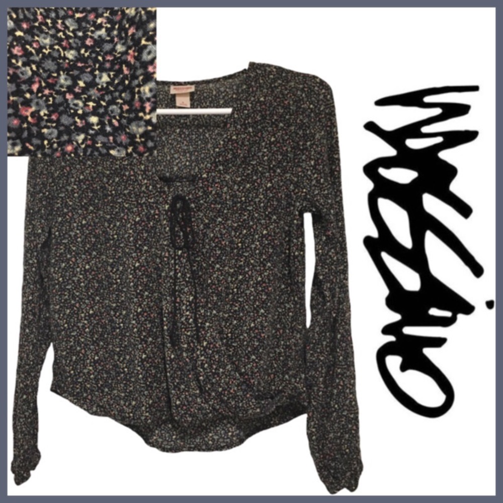 MOSSIMO Floral Slouchy Surplice Wrap Long Sleeve Blouse Black Blue Pink Small